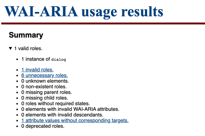 Screenshot - Bookmarklet WAI-ARIA Usage - Beispielhaftes Ergebnis