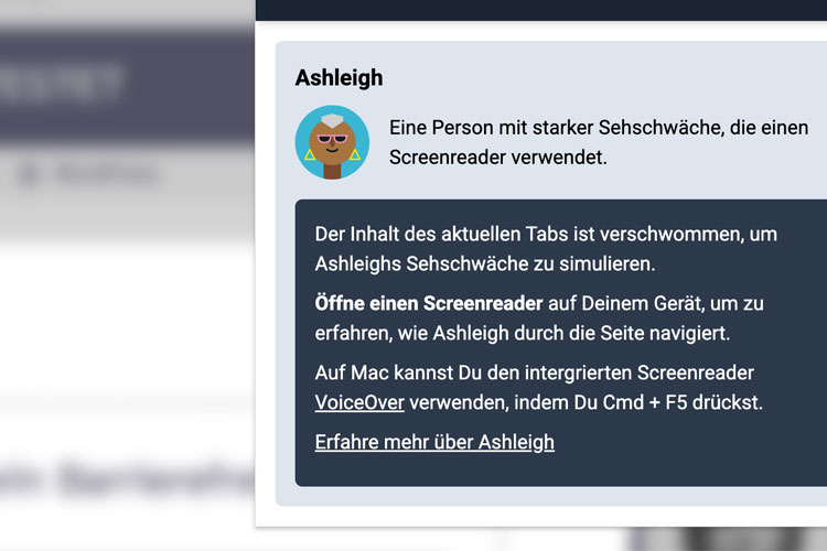 Screenshot Barrierefreiheits-Persona simulieren - Ashleigh mit starker Sehschwäche