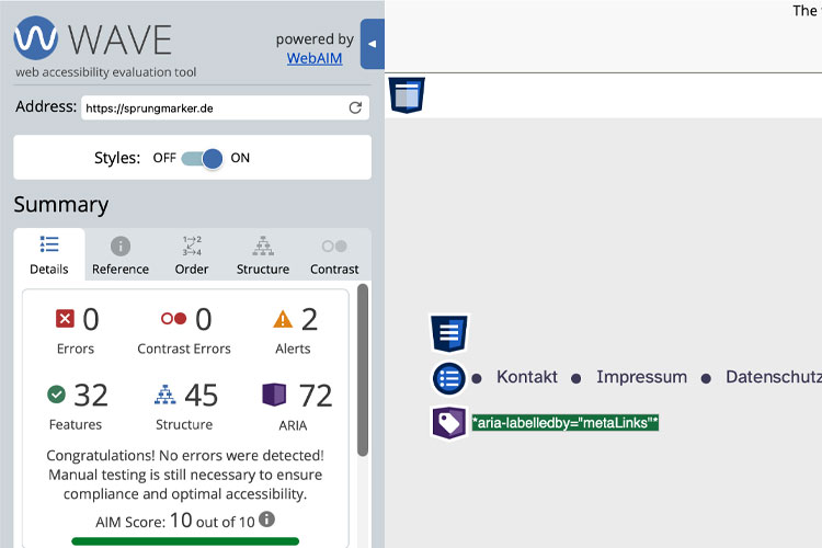 Screenshot WebAIM WAVE-Tool - Ausschnitt AIM-Score 10 von 10